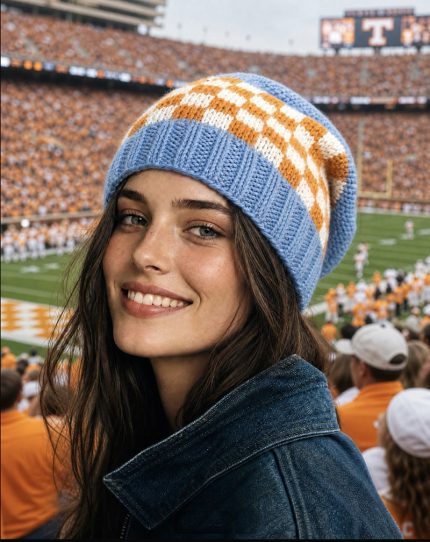 Checkerboard Hand-knit Lady Vols Beanie - 100% Wool